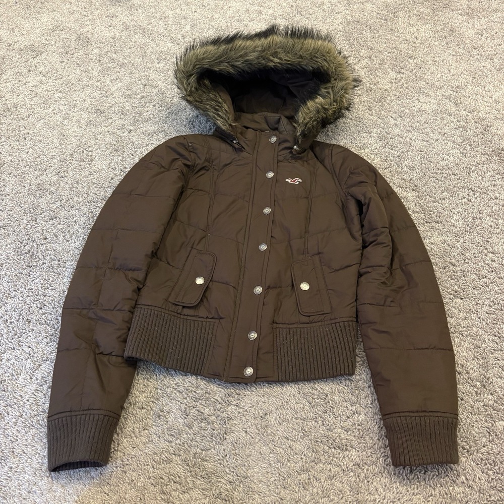 Vintage Y2K Hollister Down Puffer Jacket Womens Large Faux Fur Hooded Crop Brown